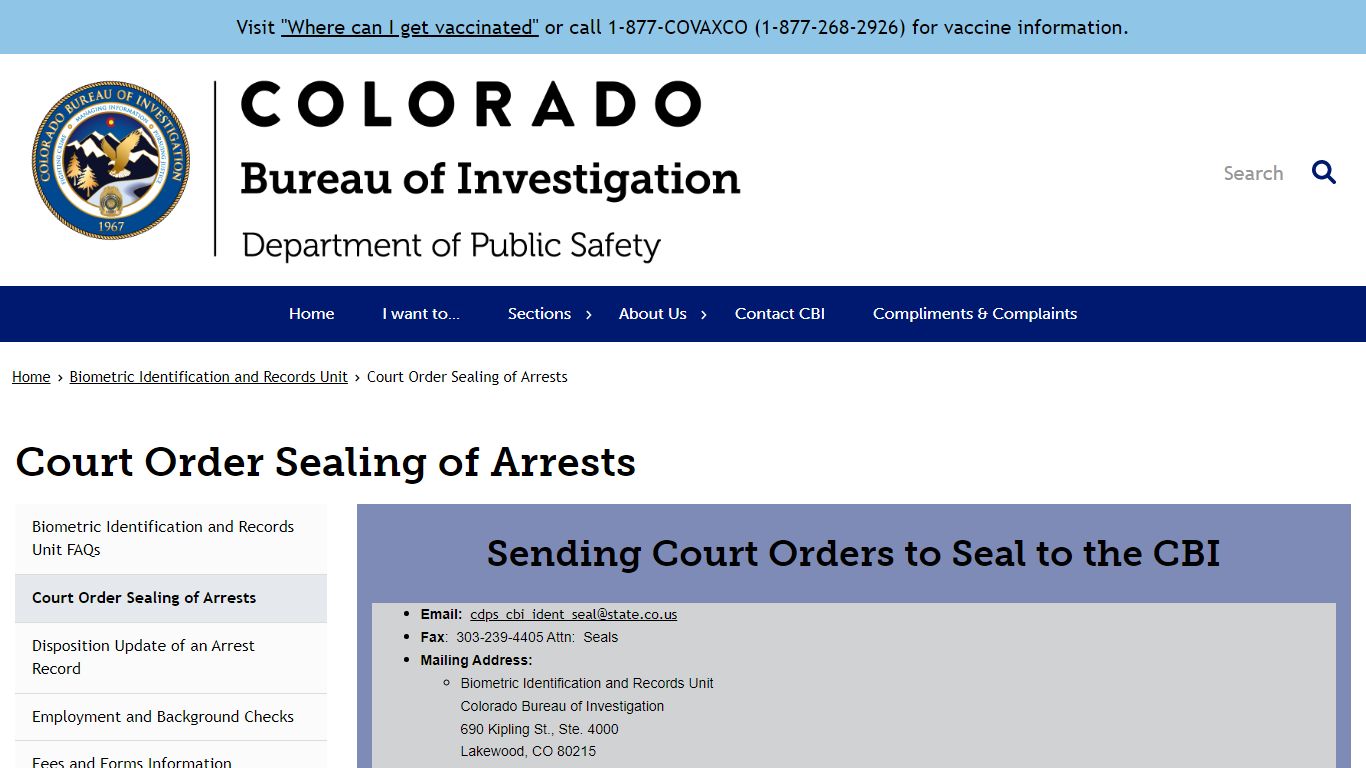 Court Order Sealing of Arrests - Colorado Bureau of ...