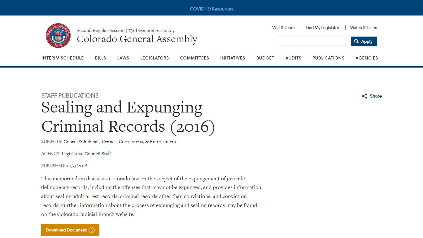 Sealing and Expunging Criminal Records (2016) | Colorado ...